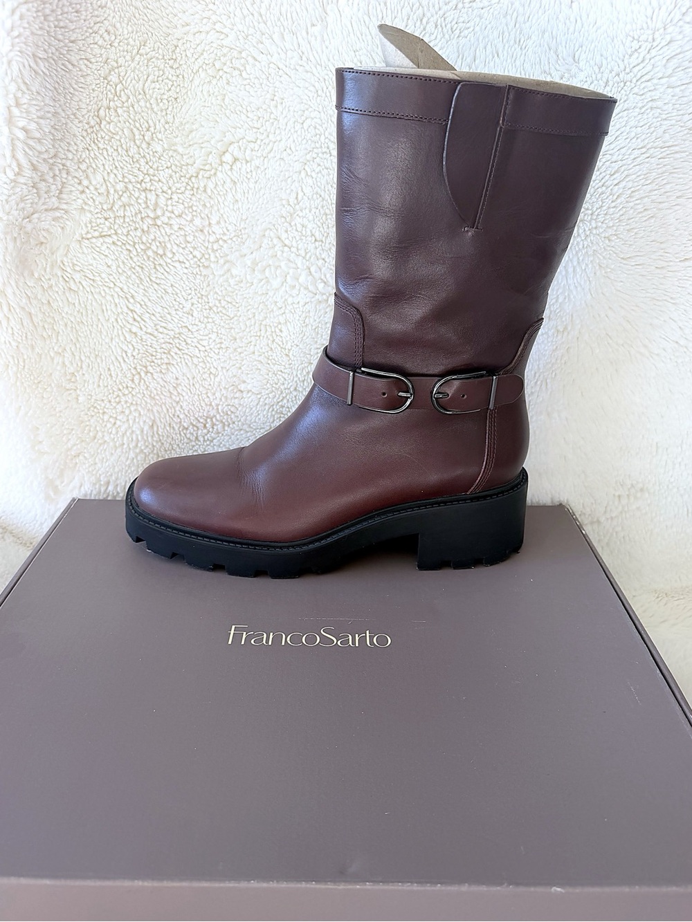 Franco Sarto Burgundy Leather Mid-Calf Lug Sole Boots (size 10)